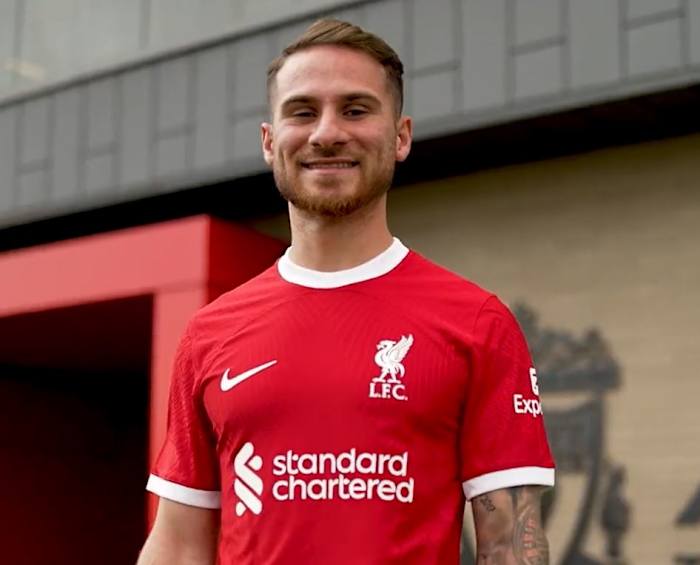 Alexis Mac Allister pictured wearing a Liverpool jersey after completing his 2023 transfer from Brighton
